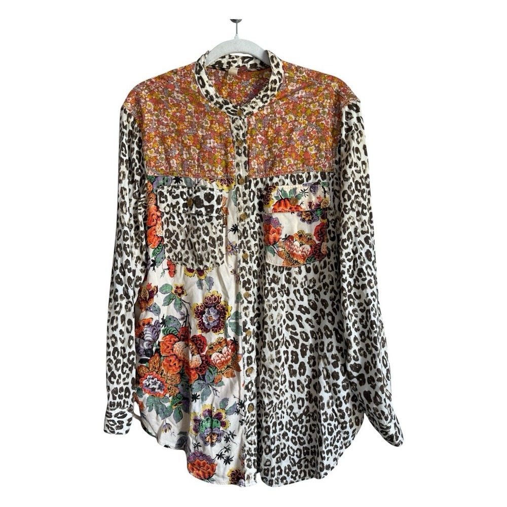 Anthropologie Pilcro Mixed Print Tunic Shirt Camo Leopard Floral Boho Artsy Sz M